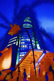 illustration,material,free,landscape,picture,painting,color pencil,crayon,drawing,The night of Roppongi Hills, Downtown, high-rise building, Hills group, monument