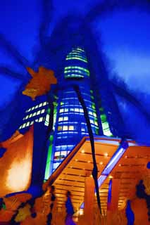 illust,tela,gratis,paisaje,fotografa,idea,pintura,Lpiz de color,dibujo,La noche de Roppongi Hills, En el centro, Edificio alto, Las colinas se agrupan, Monumento