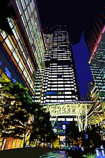 illust, materiell, befreit, Landschaft, Bild, Gemlde, Farbbleistift, Wachsmalstift, Zeichnung,,Die Nacht des Tokyo midtown, Im Stadtzentrum, Hochhaus, Glas, Ein Brogebude