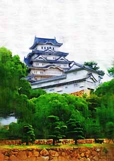 illustration,material,free,landscape,picture,painting,color pencil,crayon,drawing,Himeji-jo Castle, Four national treasures Castle, The castle tower, Shigetaka Kuroda, Hideyoshi Hashiba