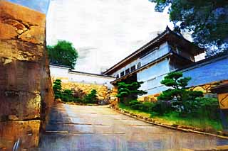 illust,tela,gratis,paisaje,fotografa,idea,pintura,Lpiz de color,dibujo,La puerta de Himeji - Castle de jo, Cuatro tesoros nacionales Castle, Castillo, Shigetaka Kuroda, Hideyoshi Hashiba