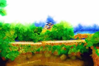 illust, materiale, libero panorama, ritratto dipinto, matita di colore disegna a pastello, disegnando,Himeji-jo il Castello, Quattro tesori nazionali Arroccano, castello, Shigetaka Kuroda, Hideyoshi Hashiba