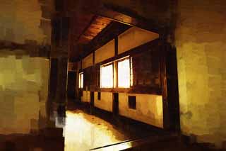 illustration,material,free,landscape,picture,painting,color pencil,crayon,drawing,The inside of the Himeji-jo Castle Watari oar, Four national treasures Castle, Sadanori Akamatsu, Shigetaka Kuroda, Hideyoshi Hashiba