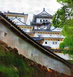 illust, material, livram, paisagem, quadro, pintura, lpis de cor, creiom, puxando,Himeji-jo Castelo, Quatro Castelo de tesouros nacional, Sadanori Akamatsu, Shigetaka Kuroda, Hideyoshi Hashiba