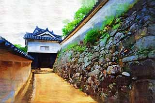 illustration,material,free,landscape,picture,painting,color pencil,crayon,drawing,The Himeji-jo Castle gate, Four national treasures Castle, Sadanori Akamatsu, Shigetaka Kuroda, Hideyoshi Hashiba