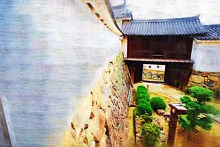 illust, materiell, befreit, Landschaft, Bild, Gemlde, Farbbleistift, Wachsmalstift, Zeichnung,,Himeji-jo Burg, Vier nationale Schtze-Burg, Sadanori Akamatsu, Shigetaka Kuroda, Hideyoshi Hashiba