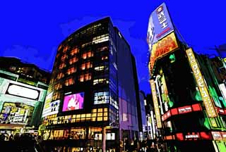 Illust, materieel, vrij, landschap, schilderstuk, schilderstuk, kleuren potlood, crayon, werkje,De schemering van Shinjuku Station, Benedenstad, Shinjuku, Commerciele wijken, Stad