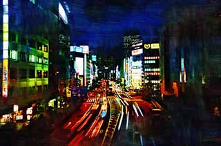 illustration,material,free,landscape,picture,painting,color pencil,crayon,drawing,The dusk of Shinjuku Station, Downtown, Shinjuku, Commercial areas, city