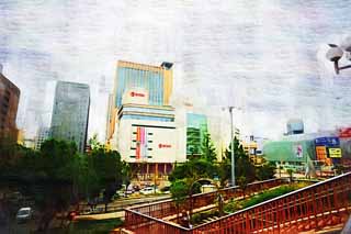 illustration,material,free,landscape,picture,painting,color pencil,crayon,drawing,The Sannomiya station square, Sannomiya, department store, Downtown, Kansai
