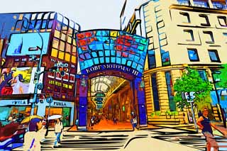 illustration,material,free,landscape,picture,painting,color pencil,crayon,drawing,Motomachi, Kobe shopping district, Sannomiya, An arcade, Downtown, Kansai