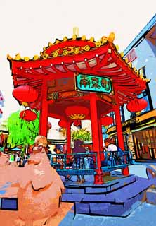 illust, matire, libre, paysage, image, le tableau, crayon de la couleur, colorie, en tirant,Kobe Nankinmachi, Chinatown, Une arcade, En ville, Chine