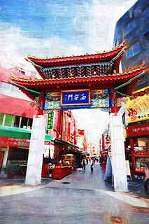 illustration,material,free,landscape,picture,painting,color pencil,crayon,drawing,Kobe Nankinmachi, Chinatown, An arcade, Downtown, China