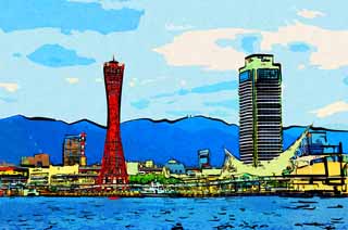 illust, matire, libre, paysage, image, le tableau, crayon de la couleur, colorie, en tirant,Port Kobe, port, bateau du plaisir, Commerce, attraction touristique