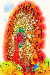 Illust, materieel, vrij, landschap, schilderstuk, schilderstuk, kleuren potlood, crayon, werkje,EEN Ferris wiel, Poort, Een attractiepark, Speelplaats apparatuur, Toeristische aantrekking
