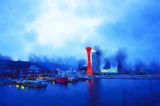 illust, materiale, libero panorama, ritratto dipinto, matita di colore disegna a pastello, disegnando,Kobe la spazzata di porto dell'occhio del crepuscolo, porto, la torre di porto, barca di piacere, attrazione turistica