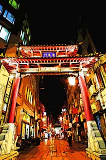 illust, matire, libre, paysage, image, le tableau, crayon de la couleur, colorie, en tirant,Kobe Nankinmachi, Chinatown, Une arcade, En ville, Chine