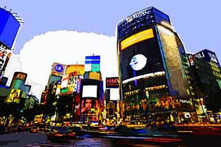 Illust, materieel, vrij, landschap, schilderstuk, schilderstuk, kleuren potlood, crayon, werkje,De overtocht van Shibuya Station, Benedenstad, Taxi, QFRONT, Lichtreclame