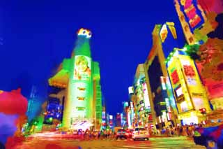 illust, materiale, libero panorama, ritratto dipinto, matita di colore disegna a pastello, disegnando,Notte di Shibuya, Il centro, Shibuya 109, passaggio pedonale, segnale di neon