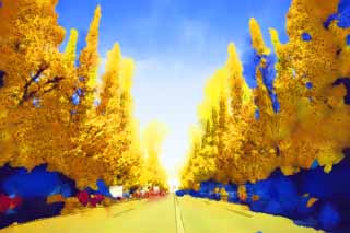 illust, matire, libre, paysage, image, le tableau, crayon de la couleur, colorie, en tirant,Une ligne du ginkgo du jardin externe d'arbres, ginkgo, , Jaune, arbre au bord de la route