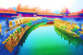 illust, materiell, befreit, Landschaft, Bild, Gemlde, Farbbleistift, Wachsmalstift, Zeichnung,,Mizuhashi des alten Palastes, Bewssern Sie Fluss, Eine gewlbte Brcke, steinigen Sie Brcke, Drachen