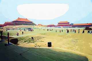 illustration,material,free,landscape,picture,painting,color pencil,crayon,drawing,The Hall of Supreme Harmony of the old palace, wooden building, The emperor, palace, tiled roof