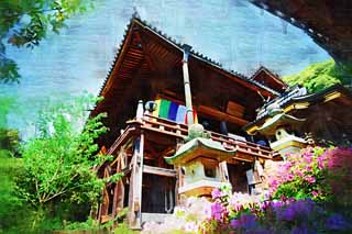 illust, matire, libre, paysage, image, le tableau, crayon de la couleur, colorie, en tirant,Le couloir cultuel d'un temple bouddhiste de Temple Hase-dera, Le couloir principal d'un temple bouddhiste, btiment en bois, Chaitya, Mitera de la fleur