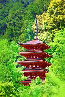 Illust, materieel, vrij, landschap, schilderstuk, schilderstuk, kleuren potlood, crayon, werkje,Vijf Storeyed Pagoda van Hase-dera Tempel, Ik word in rood geschilderd, Van hout gebouw, Chaitya, Mitera van de bloem