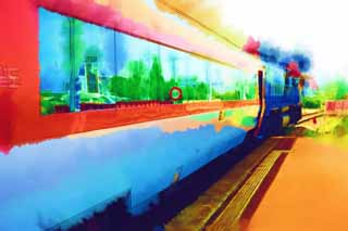 illust, matire, libre, paysage, image, le tableau, crayon de la couleur, colorie, en tirant,Un train coren, train, Je suis puissant, Traction, 