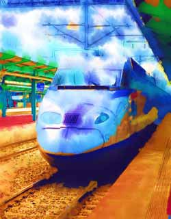 illust, material, livram, paisagem, quadro, pintura, lpis de cor, creiom, puxando,KTX, trem, KTX, KORAIL, estrada de ferro de trnsito rpida