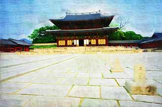 illustration,material,free,landscape,picture,painting,color pencil,crayon,drawing,Benevolent administration, The Imperial Court architecture, I am painted in red, Tadashi, world heritage