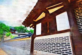 illustration,material,free,landscape,picture,painting,color pencil,crayon,drawing,Comfortable good Hitoshi, The Imperial Court architecture, tile, Reja, world heritage