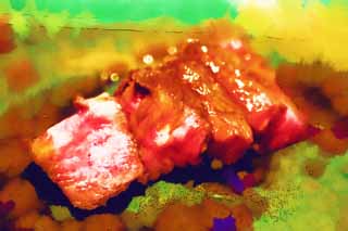 illust, materiale, libero panorama, ritratto dipinto, matita di colore disegna a pastello, disegnando,Cibi che cuociono ai ferri su un piatto di ferro del manzo, bistecca, Piatti di carne, I giapponesi atterriscono, Io sono delizioso