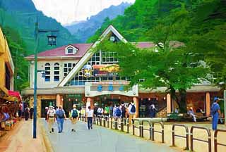 illustration,material,free,landscape,picture,painting,color pencil,crayon,drawing,Mt. Takao cable car platform, triangle roof, mountain climbing visitor, Hiking, An excursion