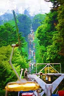 illust, material, livram, paisagem, quadro, pintura, lpis de cor, creiom, puxando,Um elevador de eco de Mt. Takao, elevador, Visitando lugares tursticos, Escalamento monts, Caminhando