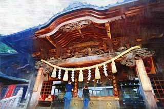 illust, matire, libre, paysage, image, le tableau, crayon de la couleur, colorie, en tirant,Le couloir principal d'un temple bouddhiste du Takao a sch l'empereur de la mdecine de l'igname, Le couloir principal d'un temple bouddhiste, Chaitya, Feston de la paille shintoste, Prire