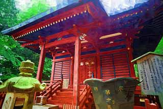 illust, matire, libre, paysage, image, le tableau, crayon de la couleur, colorie, en tirant,Okuno-dans Temple du Takao a sch l'empereur de la mdecine de l'igname, Je suis peint en rouge, Chaitya, Feston de la paille shintoste, Shintosme