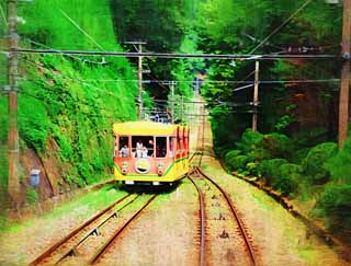 illust, matire, libre, paysage, image, le tableau, crayon de la couleur, colorie, en tirant,L'orbite du Mt. Funiculaire Takao, piste, visiteur de l'escalade, Aller  pied, Une excursion