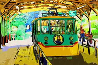 illust, materiell, befreit, Landschaft, Bild, Gemlde, Farbbleistift, Wachsmalstift, Zeichnung,,Mt. Takao-Drahtseilbahn, Fhrte, Bergsteigenbesucher, Wandern, Eine Exkursion