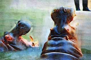 illust, materiale, libero panorama, ritratto dipinto, matita di colore disegna a pastello, disegnando,Un ippopotamo, ippopotamo, Ippopotamo, Amabilit, animale che pascola