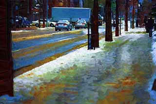 illust, material, livram, paisagem, quadro, pintura, lpis de cor, creiom, puxando,De acordo com Sapporo, rvore  margem de estrada, estrada asfaltada, carro, O neve removendo