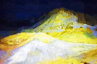 illust, materiale, libero panorama, ritratto dipinto, matita di colore disegna a pastello, disegnando,Noboribetsu Onsen valle di inferno, primavera calda, Zolfo, Calore terrestre, vulcano