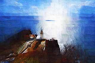 illust, matire, libre, paysage, image, le tableau, crayon de la couleur, colorie, en tirant,Le Promontoire de monde, phare, ciel bleu, mer, L'horizon