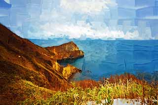 illust, matire, libre, paysage, image, le tableau, crayon de la couleur, colorie, en tirant,Muroran huit or-feuille des taches de la beaut cran pliant, phare, ciel bleu, mer, L'horizon