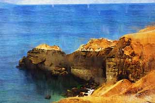 illust, material, livram, paisagem, quadro, pintura, lpis de cor, creiom, puxando,Muroran oito manchas de beleza 'Tokkarisho', Sasabaru, mar, Cliff, O horizonte