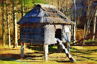 illust, matire, libre, paysage, image, le tableau, crayon de la couleur, colorie, en tirant,Le stockage de nourriture d'Ainu, Ainu, Architecture de la tradition, Chaume, Le stockage de conservation