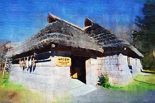 illust, material, livram, paisagem, quadro, pintura, lpis de cor, creiom, puxando,Saun Chise, Ainu, Arquitetura de tradio, Sap, telhado