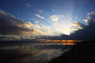 Foto, materiell, befreit, Landschaft, Bild, hat Foto auf Lager,Der Sonnenuntergang des Sees Uto Ney, Klammer Boden, Eis, Das Frieren, blauer Himmel