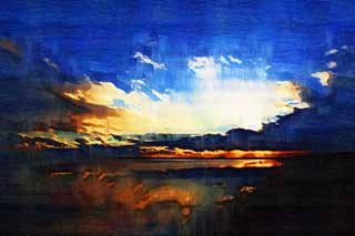 illust, materiell, befreit, Landschaft, Bild, Gemlde, Farbbleistift, Wachsmalstift, Zeichnung,,Der Sonnenuntergang des Sees Uto Ney, Klammer Boden, Eis, Das Frieren, blauer Himmel