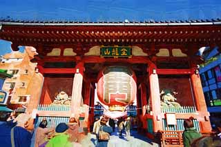 illustration,material,free,landscape,picture,painting,color pencil,crayon,drawing,Kaminari-mon Gate, sightseeing spot, Senso-ji Temple, Asakusa, lantern