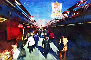 illust, materiell, befreit, Landschaft, Bild, Gemlde, Farbbleistift, Wachsmalstift, Zeichnung,,Die Besucherzahl der Geschfte, die einen Durchgang sumt, Tourist, Senso-ji-Tempel, Asakusa, Neue Jahresferien-Dekoration